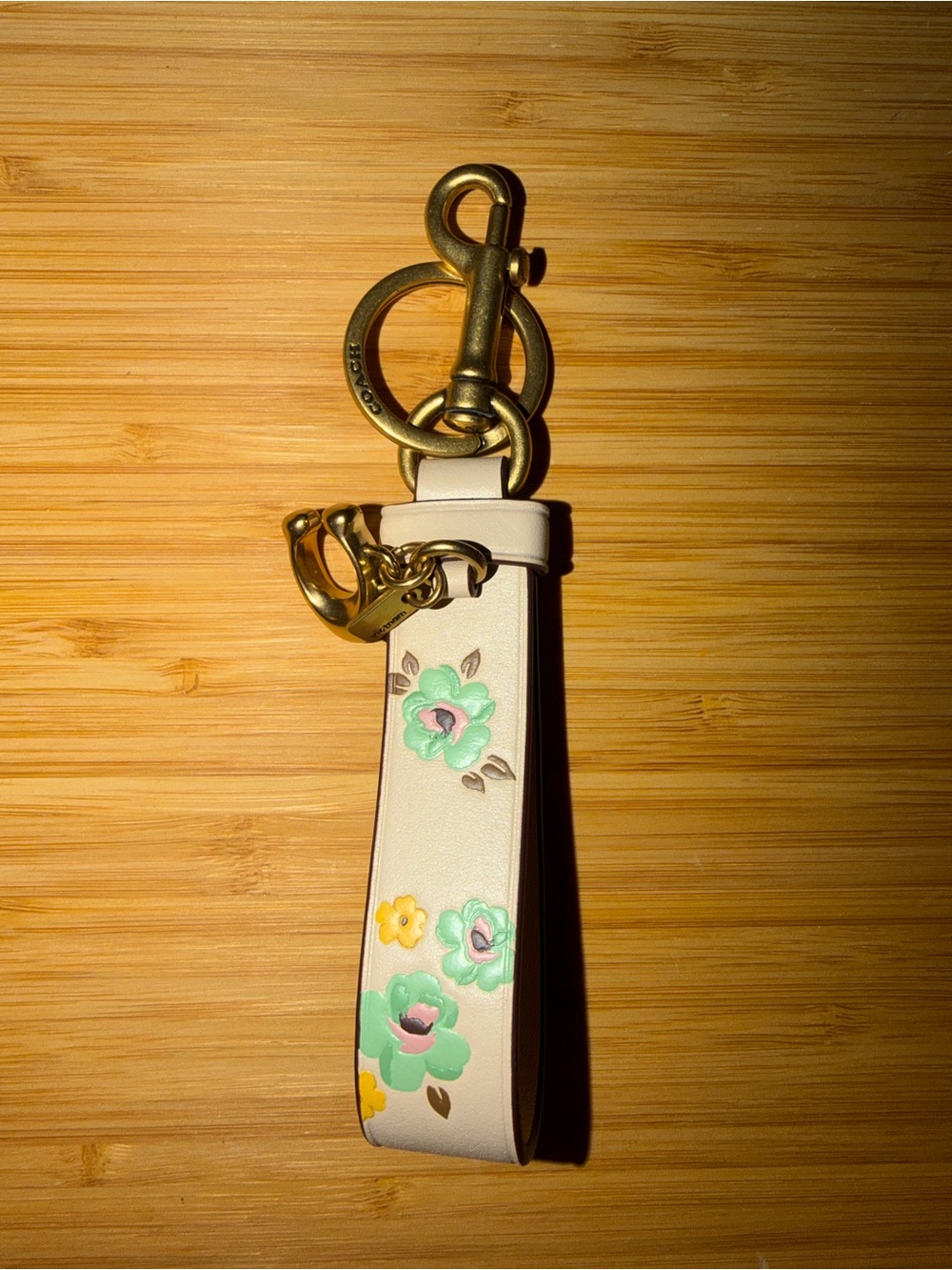 Authentic Coach Chalk White Floral Print Leather Loop Bag Charm Keychain